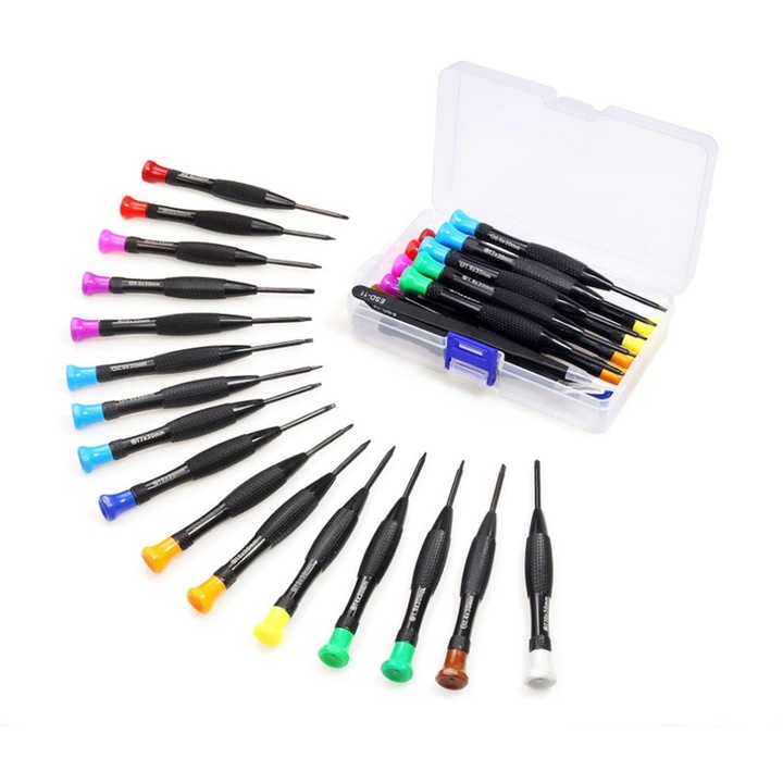 Set de surubelnite Yakumuz 18 piese, Torx T2-T10, Phillips, plat, cu pensete, cutie transparenta