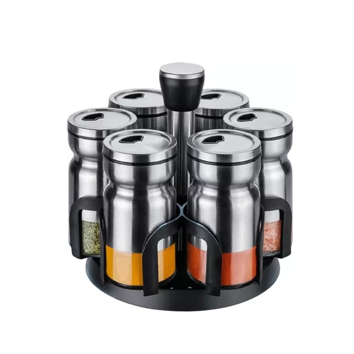 Set recipiente condimente 6 piese Brio, 120 ml, suport inox rotativ