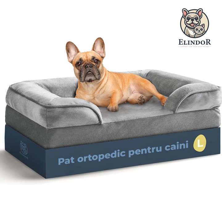 Elindor® Culcus ortopéd kutyaágy memóriahabból, fej- és nyaktámasz, levehető huzat, csúszásmentes, L-es méret, 88,5x63x15 cm, szürke