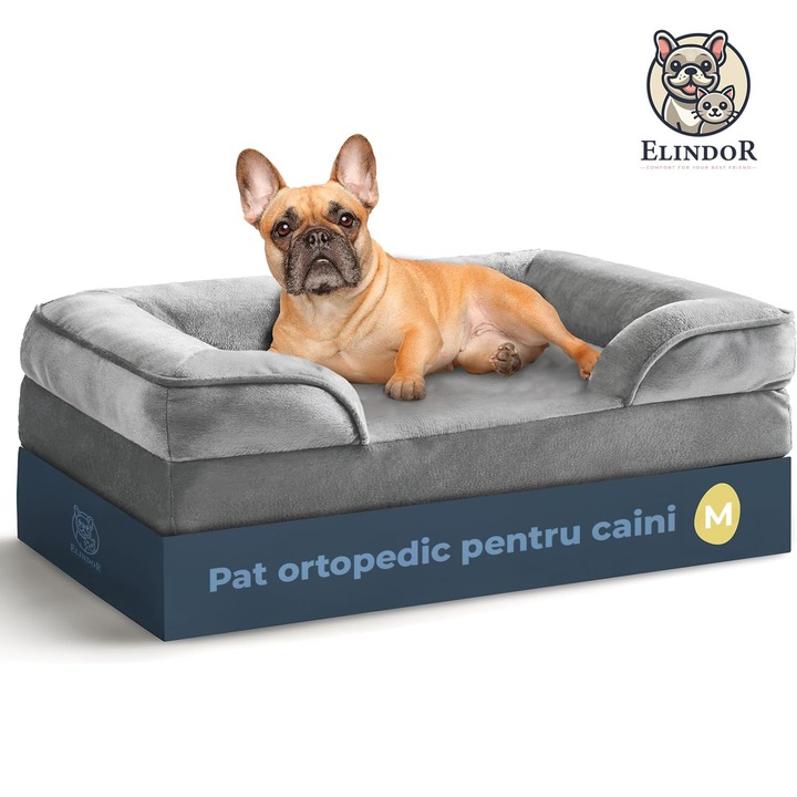 Elindor® Culcus ortopéd kutyaágy memóriahabból, fej- és nyaktámasz, levehető huzat, csúszásmentes, M-es méret, 71x58x15 cm, szürke