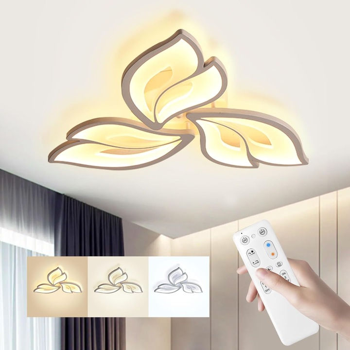 Lustra LED, RorAem®, Lustra LED dimabila cu Telecomanda, 24W, 3200 lumeni, 3 temperaturi de culoare, design floral, pentru dormitor si living