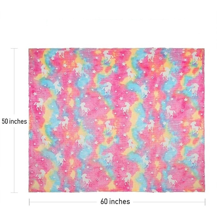 Patura decorativa fosforescenta, unicorn, flanel, multicolor, 127x152cm