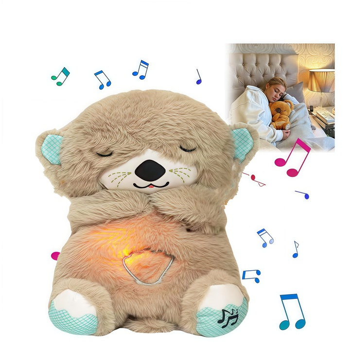 Urs de Plus Interactiv cu Efecte Luminoase si Muzicale, RorAem, cu Jucarie interactiva bebelusi, Functie de Imitare a Respiratiei, plus cu sunete si muzica, material plus, Jucarie bebelusi, Maro, Partener de Joaca cu Functie de Imbunatatire a Somnului