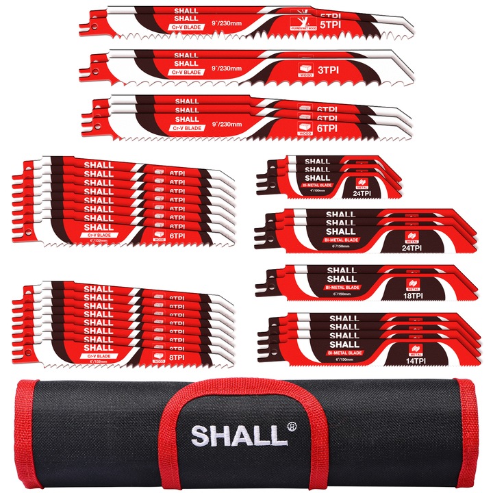 Set 34 piese lame fierastrau reciproc, SHALL, otel carbon, bi-metal, cu geanta de depozitare
