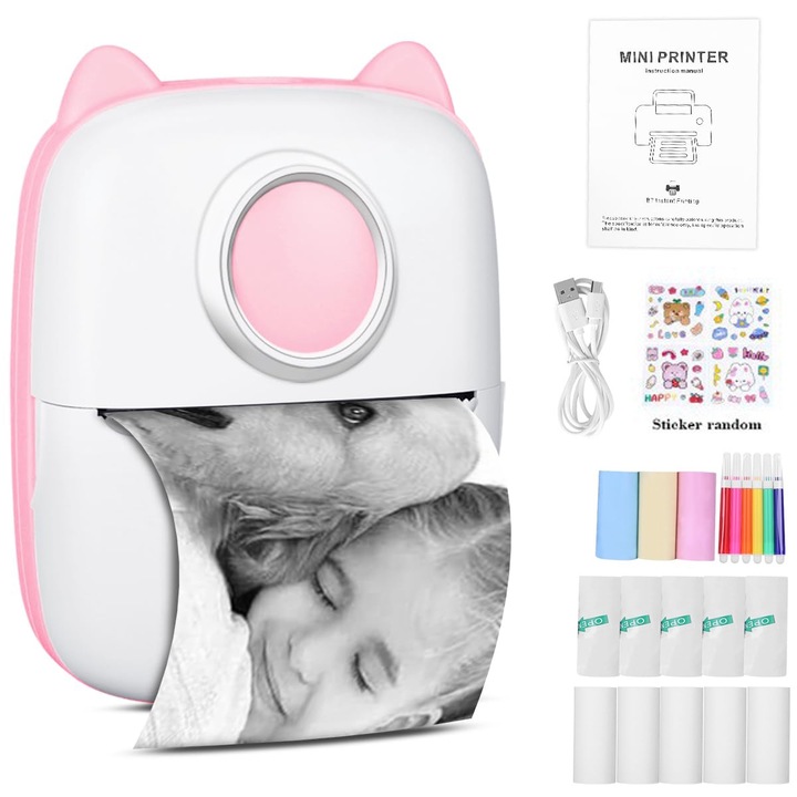 Imprimanta termica portabila MWAOWM, design compact, Bluetooth, 57x30mm, cu 13 role autocolante, alb/roz