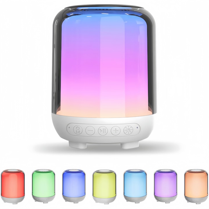 Dispozitiv Sunete Albe Versatil, RorAem®, cu 20 Sunete,7 culori LED, 3 intensitati de iluminare, Acumulator 1500 mAh,5.3Bluetooth, USB Type-C, Portabil, Pentru Bebelusi, Copii, Adulti, Lumina de Veghe, Dispozitiv generare Sunete Albe, Alb
