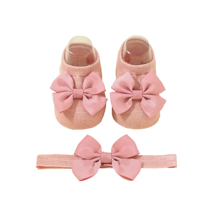 Set elegant pentru bebelusi - Sosete cu fundite si bentita roz, confort si stil, cadoul perfect pentru nou-nascuti