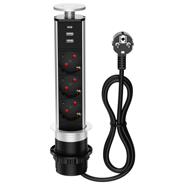 Прибиращ се стенен контакт WALALLA, 3 контакта Schuko и 3 USB, сребрист, 1,8 м кабел, вграден монтаж, 4000 W/16 A
