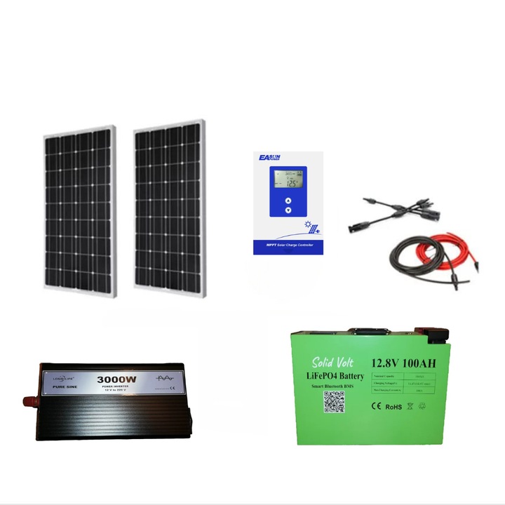 Kit fotovoltaic solar sistem 400 W (2 panouri solare 200 W )12 V, regulator/controller solar EASUN MPPT 40 A, invertor 3000W, SINUS PUR, baterie solara litiu 100Ah, Solid Volt