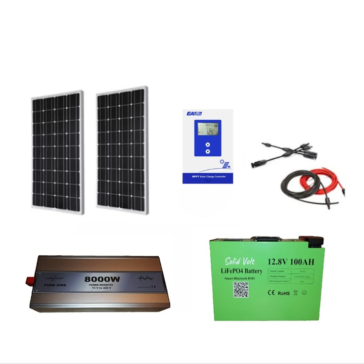 Kit fotovoltaic solar sistem 400 W (2 panouri solare 200 W )12 V, regulator/controller solar EASUN MPPT 30 A, invertor 8000W, SINUS PUR, baterie solara litiu 100Ah, Solid Volt