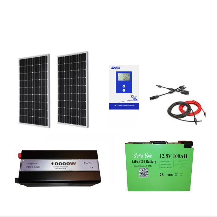 Kit fotovoltaic solar sistem 400 W (2 panouri solare 200 W )12 V, regulator/controller solar EASUN MPPT 30 A, invertor 10000W, SINUS PUR, baterie solara litiu 100Ah, Solid Volt