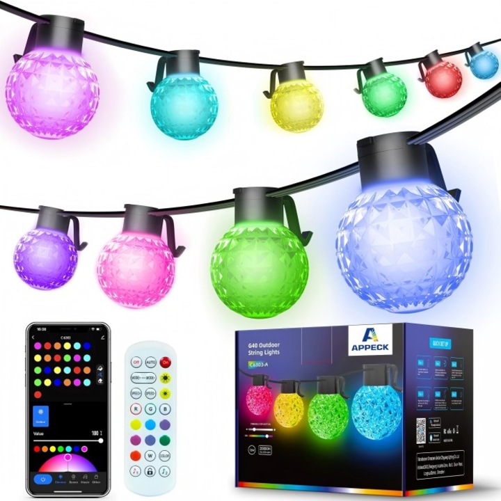 LETOUR Beculete LED Conectate in Serie RGBW 15m cu 16 Milioane Culori si 8 Moduri Scena Dinamice Cu Telecomanda si Aplicatie Mobila Sir Decorativ Impermeabil pentru Gradina, Terasa sau Evenimente