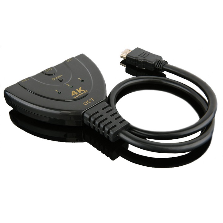 Switch HDMI 3x1, 4K@60Hz, negru, adaptor, compatibil cu toate dispozitivele HDMI 2.0