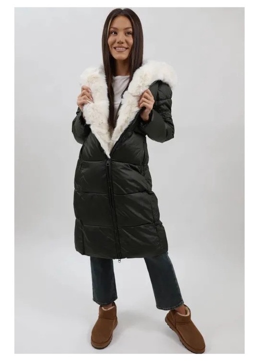 Geaca lunga groasa de iarna cu gluga si blanita ecologica detasabila bella, Kaki