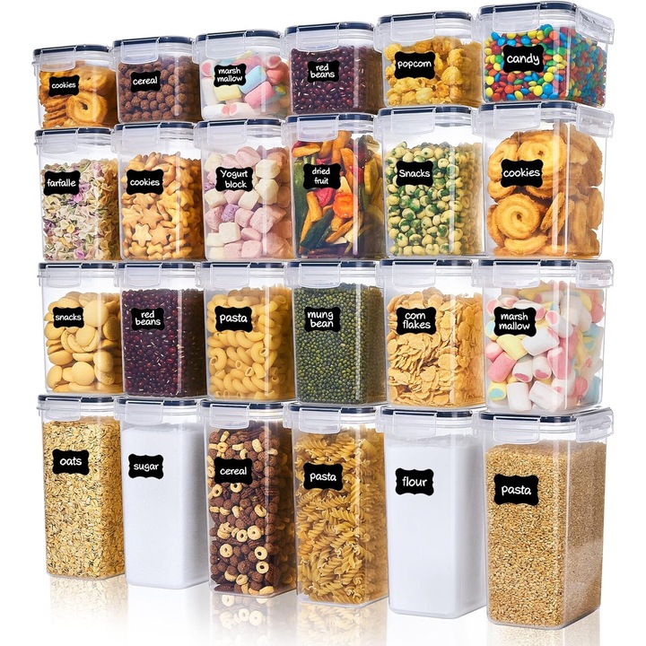Set 24 de Recipiente pentru Bucatarie, pentru Stocarea Alimentelor, Inchidere Ermetica, Fara BPA, Etichete, Marker si Set de Linguri, capacitate 0.8L, 1.6L, 2L