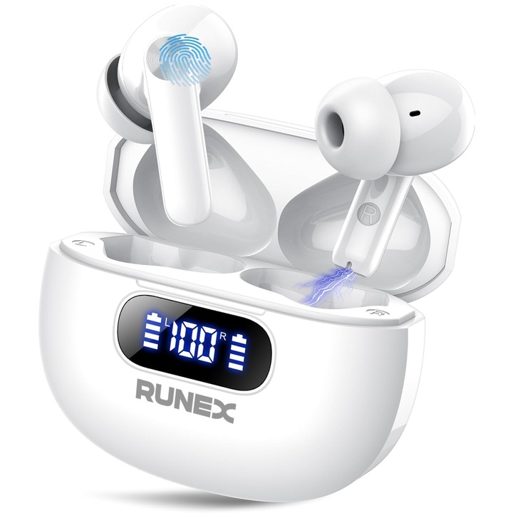 Casti Wireless Audio fara Fir RUNEX Urban CX20, Bluetooth 5.4, Microfon ENC, Afisaj LED, Control Tactil, Autonomie 40h, Tip Incarcare Type-C, Carcasa Magnetica, 400mAh, Rezistenta la Apa IPX5, Alb