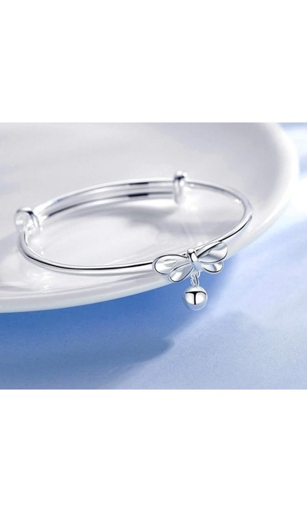 Bratara de Dama cu Fundita si Clopotel Rotund, Diametru 6-7 cm, 20 cm, Zirconiu, Argintiu