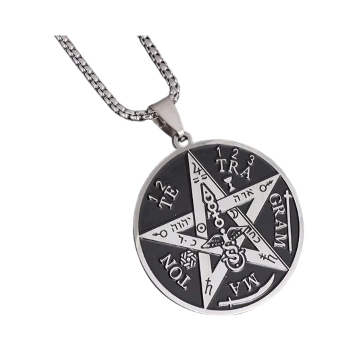 Colier pandantiv cu pentaclu – Tetragrammaton, inox, 3.5x3.5cm