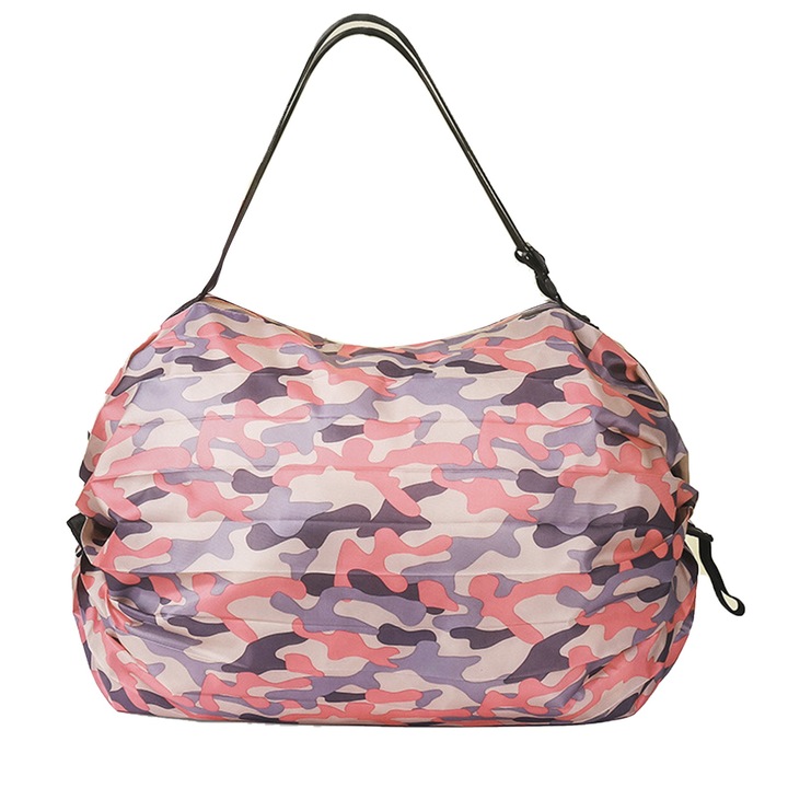 Újrafelhasználható bevásárlótáska, hosszúkás, összecsukható kialakítás, nagy kapacitás, álcázó rózsaszín