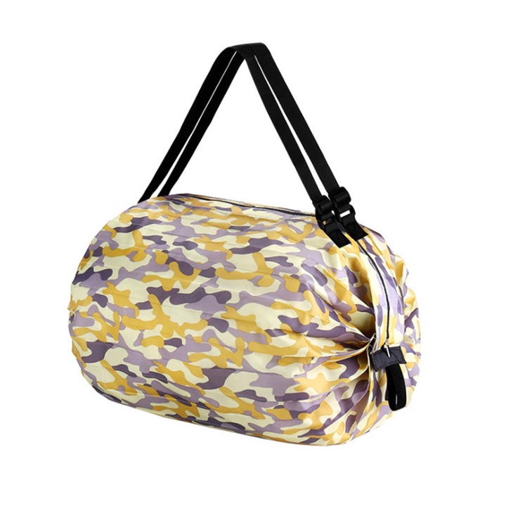 Újrafelhasználható bevásárlótáska, hosszúkás, összecsukható kialakítás, nagy kapacitású, álcázó sárga