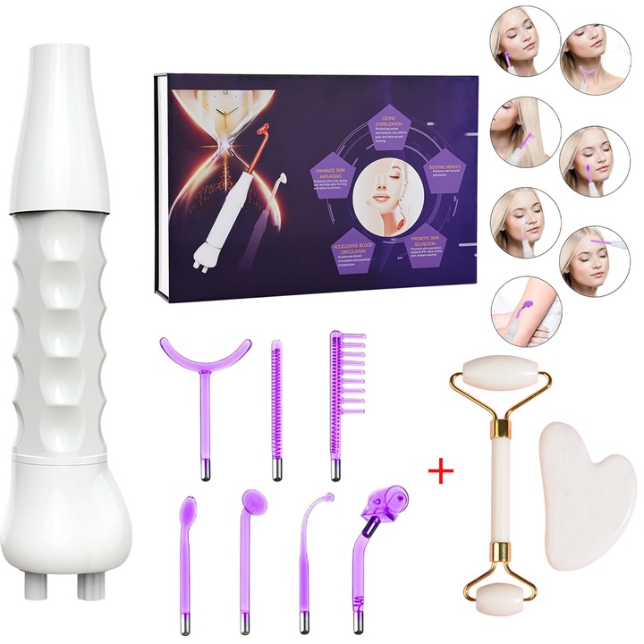 Aparat de Infrumusetare 7IN1, Fudisenn®, Accelereaza circulatia sangelui, Material Plastic/ABS, Tratament cu Frecventa Inalta pentru Acnee, Riduri, Cearcane, Anti-imbatranire, Ten, Par, Lifting, Stimulator scalp, Electroderm, Violet, 38x21x6cm