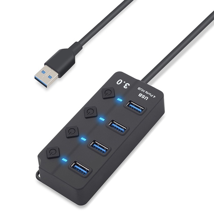 4-портов USB 3.0 хъб, отделни превключватели, захранване тип-C, черен, 2 фута кабел