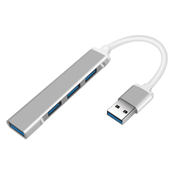 4 в 1 многопортов хъб, USB 3.0, алуминий, сив