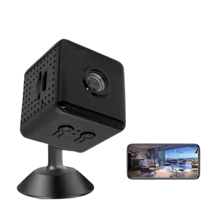 Camera de supraveghere wireless, 32G, viziune nocturna, detectie miscare, neagra, forma patrata