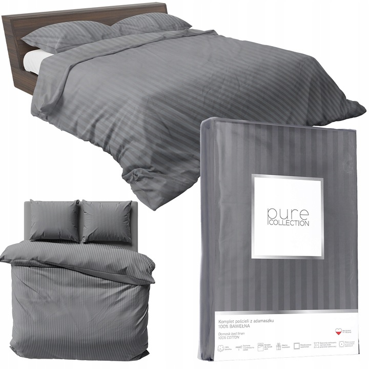 Lenjerie de Pat Deco4Home 160x200cm, Satin de Bumbac, 3 Parti, Gri Inchis