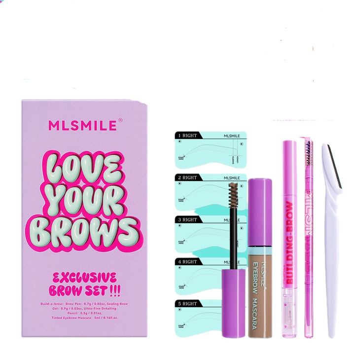 Creion pentru sprancene set 4 piese MLSMILE, creion si gel, nuanta maro deschis, rezistent la apa, aspect natural