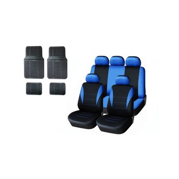 Set tapiterie pentru scaunele din fata si din spate albastru, cu covorase de cauciuc negru universal Set tapiterie pentru scaunele din fata si din spate albastru, cu covorase de cauciuc negru universal
