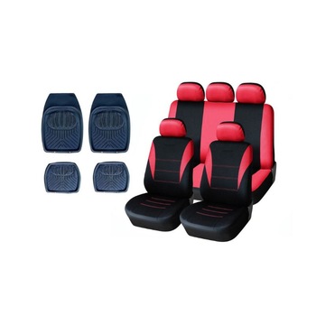 Set tapiterie rosu pentru scaunele din fata si din spate, cu covorase de cauciuc de tip castron, universal Set tapiterie rosu pentru scaunele din fata si din spate, cu covorase de cauciuc de tip castron, universal
