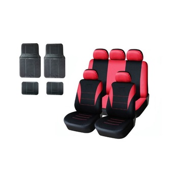 Set tapiterie rosu pentru scaunele din fata si din spate, cu covorase de cauciuc universal Set tapiterie rosu pentru scaunele din fata si din spate, cu covorase de cauciuc universal