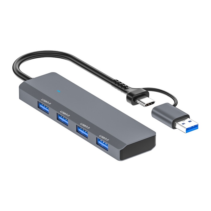 Хъб 4 в 1, 4 USB3.0, HD 4K, универсален, алуминий, сив