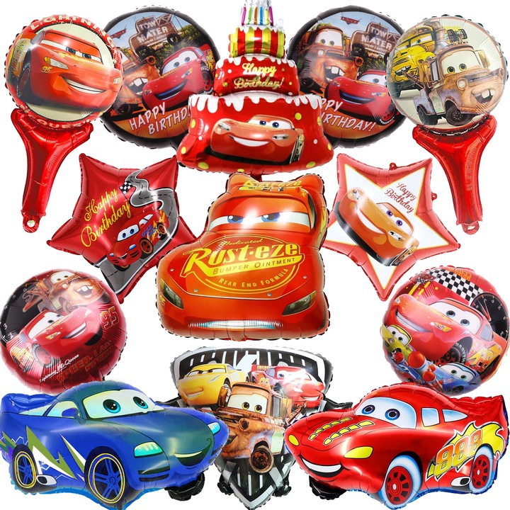 Комплект балон за парти с тематика Cars, фолиен балон с фигурка Cars, балон във формата на звезда Cars, украса за рожден ден Cars, кръгъл фолиен балон Cars McQueen, червен