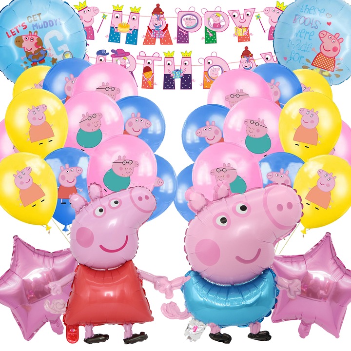 Комплект балони Peppa Pig, фолиеви балони Peppa Pig, банер Честит рожден ден, латексови балони Peppa Pig, звезден фолиен балон, парти декорации на Peppa Pig, кръгли балони