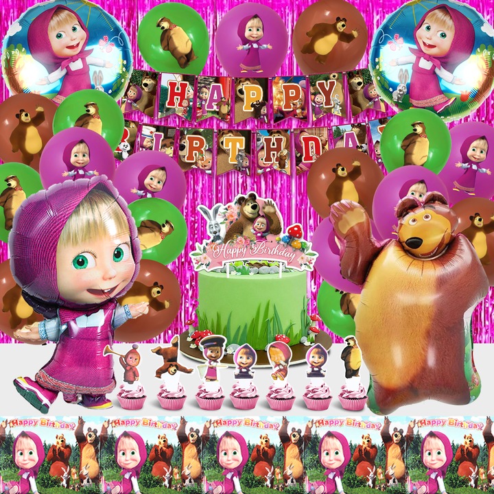 Mása és a Medve születésnapi parti szett, transzparens, Mása és a Medve fólia lufi, Medve és Mása latex lufi, Masha fólia lufi, terítő, Masha tortadíszek