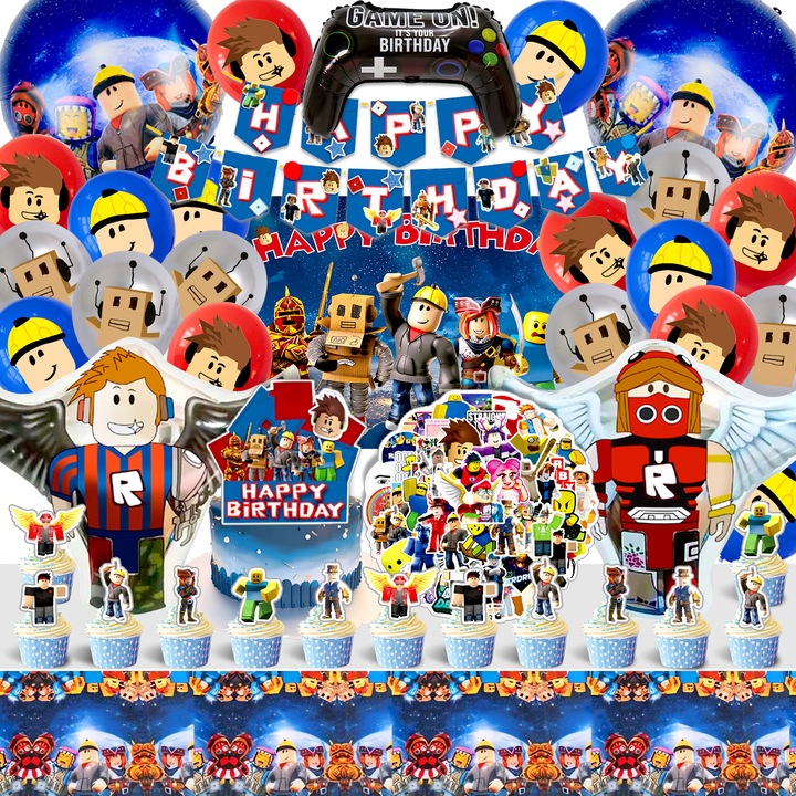 Комплект за парти за рожден ден Roblox, фолиеви балони Roblox, банер Честит рожден ден, латексови балони Roblox, фон, декорации за парти Roblox, покривка за маса, декорации за торта Roblox, стикери