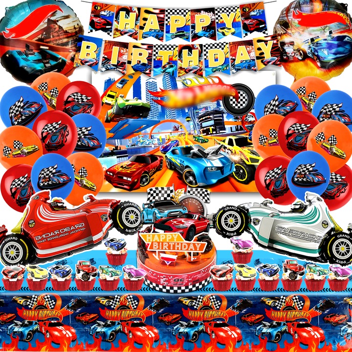 Комплект за украса за рожден ден Hot Wheels, балон с фигурка Hot Wheels, банер, латексови балони Hot Wheels, кръгъл балон, украси за парти Hot Wheels, украси за торта Hot Wheels