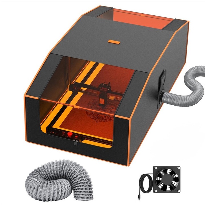 Védődoboz Mecpow lézergravírozó géphez, méretek 1300x730x460mm, dupla ablakkal, ventilátorral, tűzálló kipufogócsővel