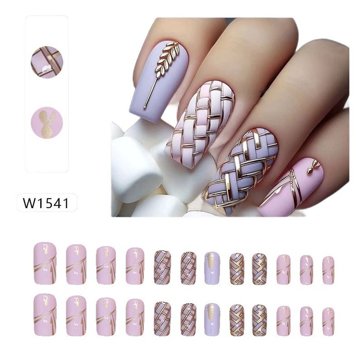 Set 24 decoratiuni unghii LOILERIE, Aur/ violet, stilul de design Spike, farmec sexy