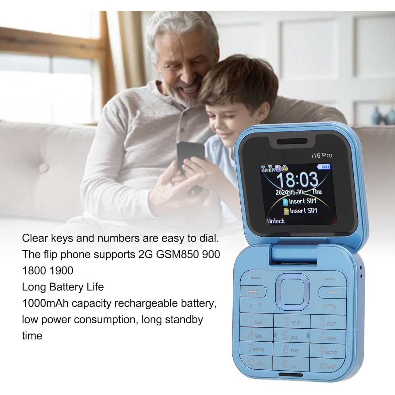 Telefon mobil mini cu ecran dublu, butoane mari, lanterna LED, camera foto, 2 x Nano SIM, player muzical, radio, albastru