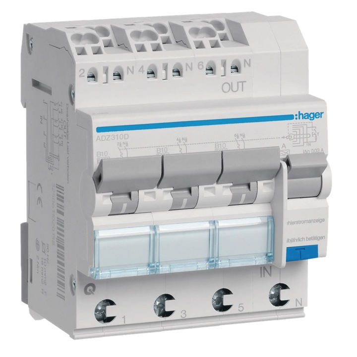 RCBO Túláram-megszakító túláram szegmenssel 3x1P+N 6kA B 10A/30mA 10A/30mA A típus QC/QBB Hager ADZ310D