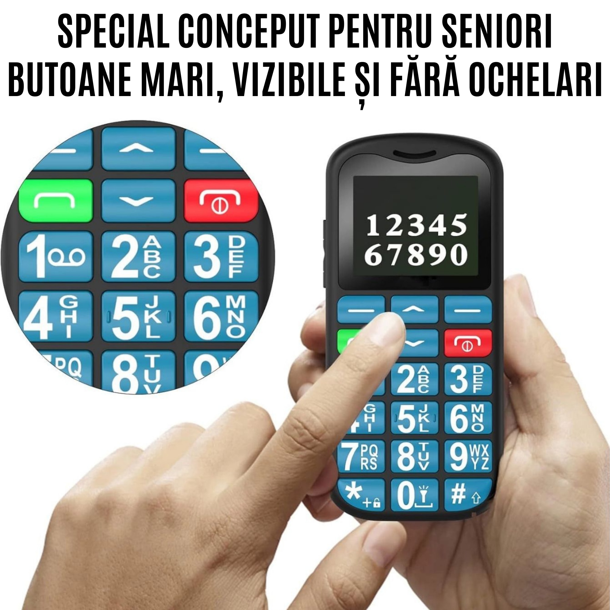 Telefon Mobil Seniori CZAY® cu Taste Mari si Buton SOS pentru Siguranta, Meniu Romana, Autonomie 7 Zile, Volum Puternic, One Sim, Ecran LCD Generos, Color, Usor de Folosit pentru Varstnici, Lanterna, Radio, Bluetooth, Rezistent, 4G