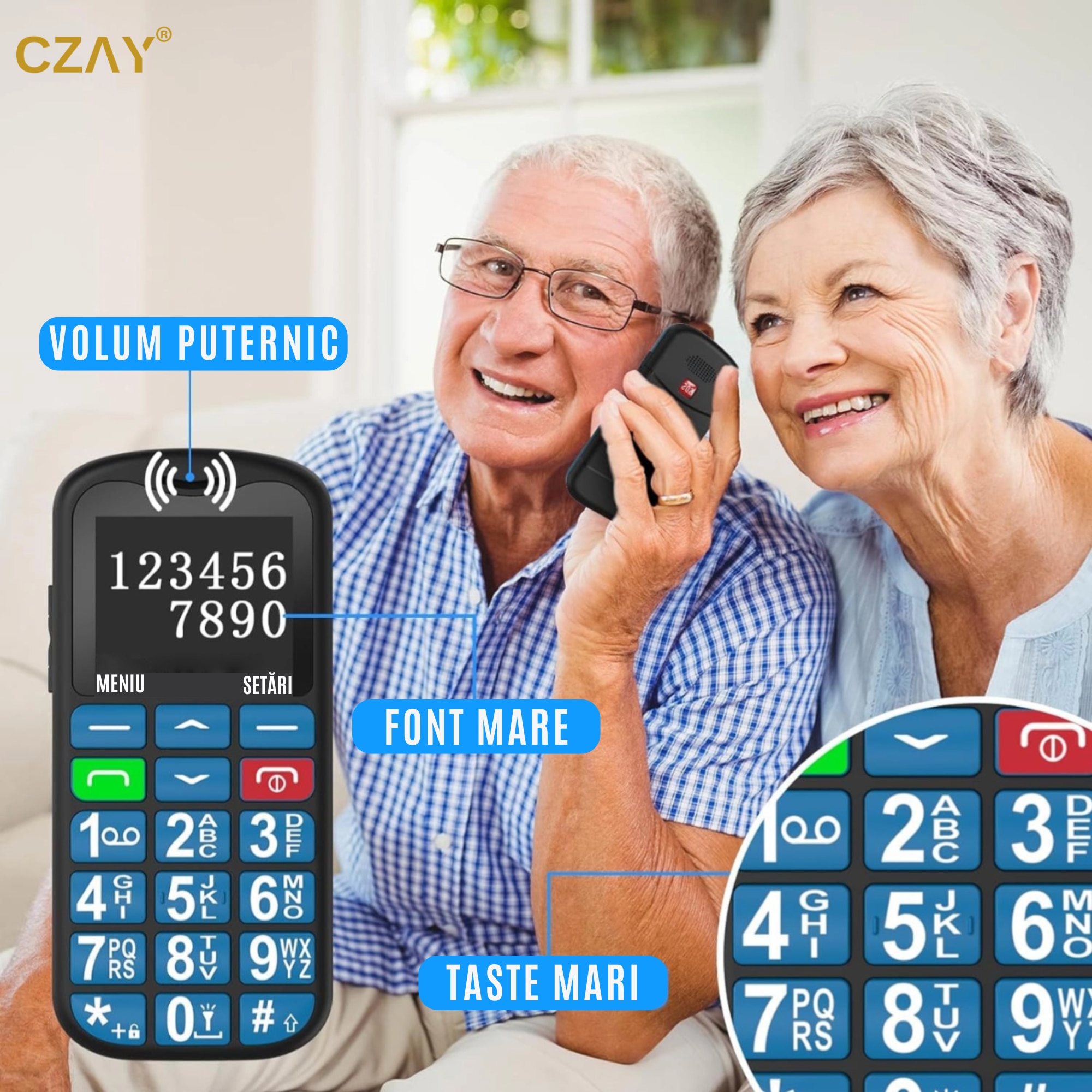 Telefon Mobil Seniori CZAY® cu Taste Mari si Buton SOS pentru Siguranta, Meniu Romana, Autonomie 7 Zile, Volum Puternic, One Sim, Ecran LCD Generos, Color, Usor de Folosit pentru Varstnici, Lanterna, Radio, Bluetooth, Rezistent, 4G