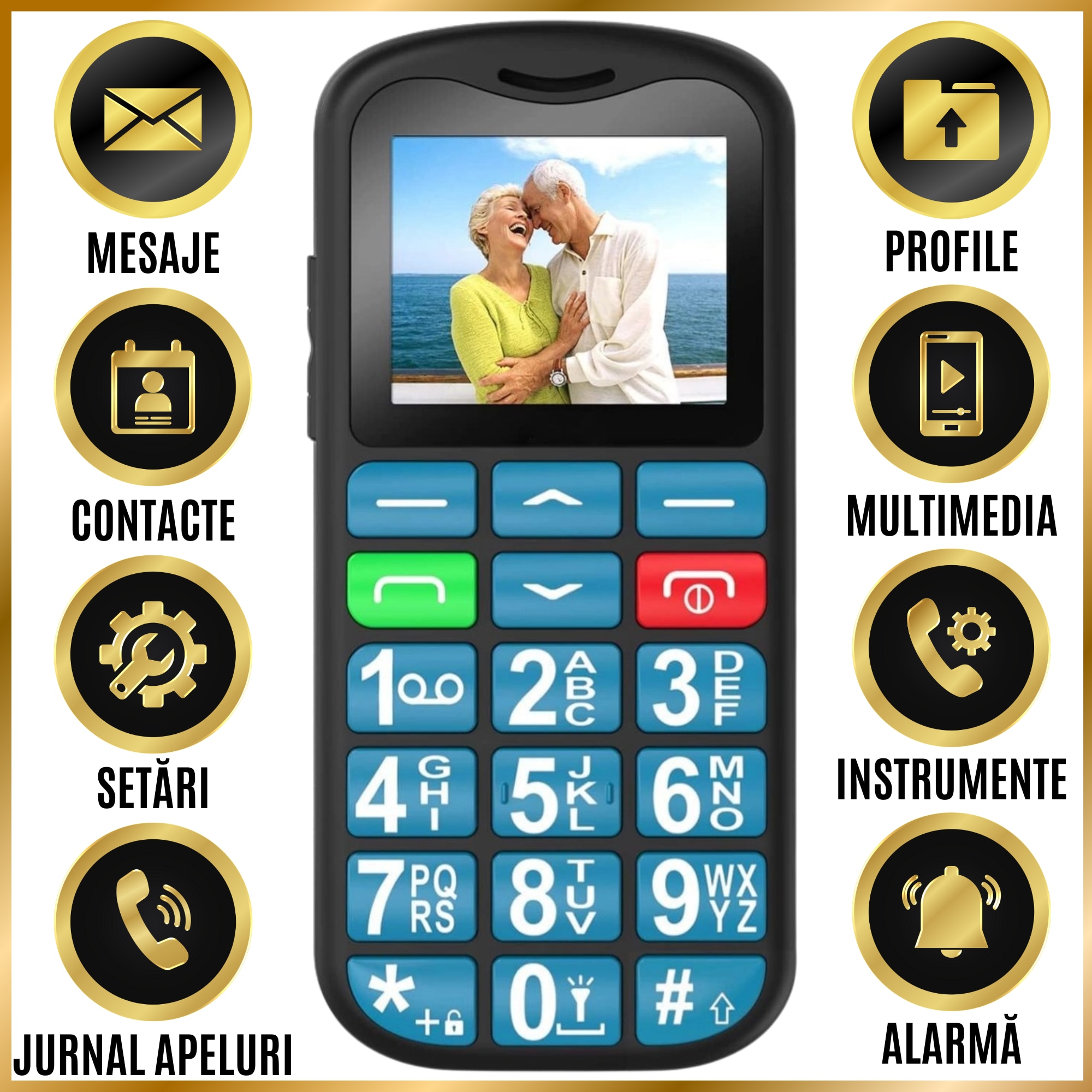 Telefon Mobil Seniori CZAY® cu Taste Mari si Buton SOS pentru Siguranta, Meniu Romana, Autonomie 7 Zile, Volum Puternic, One Sim, Ecran LCD Generos, Color, Usor de Folosit pentru Varstnici, Lanterna, Radio, Bluetooth, Rezistent, 4G