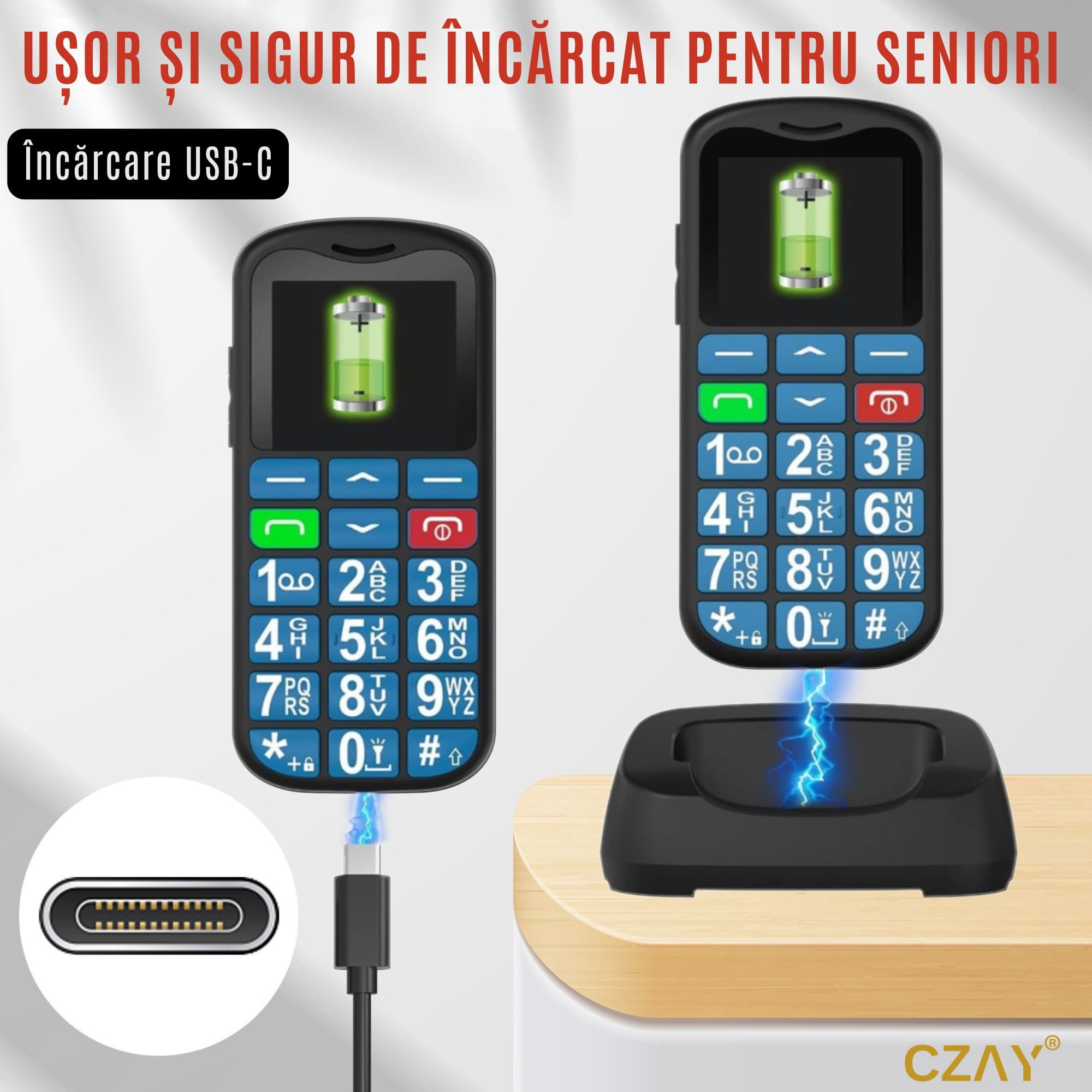 Telefon Mobil Seniori CZAY® cu Taste Mari si Buton SOS pentru Siguranta, Meniu Romana, Autonomie 7 Zile, Volum Puternic, One Sim, Ecran LCD Generos, Color, Usor de Folosit pentru Varstnici, Lanterna, Radio, Bluetooth, Rezistent, 4G