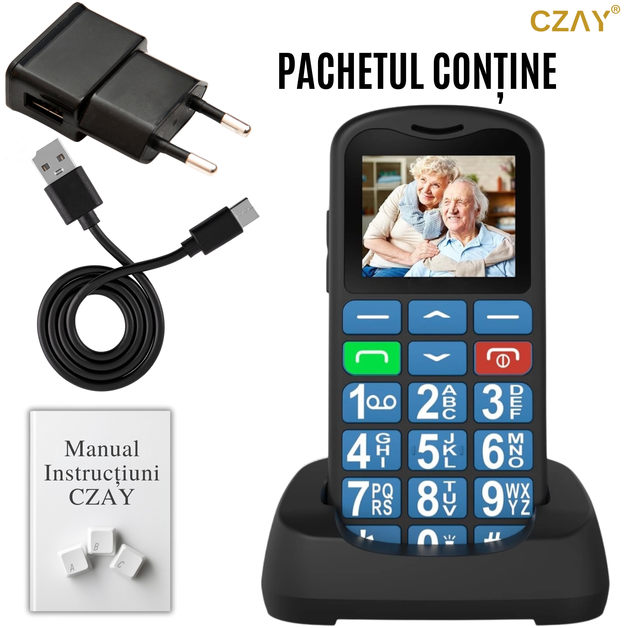 Telefon Mobil Seniori CZAY® cu Taste Mari si Buton SOS pentru Siguranta, Meniu Romana si Maghiara, Autonomie 7 Zile, Volum Puternic, Dual Sim, Ecran LCD Generos, Color, Usor de Folosit pentru Varstnici, Lanterna, Radio, Bluetooth, Rezistent, 2G