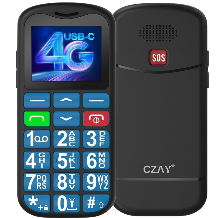 Telefon Mobil Seniori CZAY® cu Taste Mari si Buton SOS pentru Siguranta, Meniu Romana, Autonomie 7 Zile, Volum Puternic, One Sim, Ecran LCD Generos, Color, Usor de Folosit pentru Varstnici, Lanterna, Radio, Bluetooth, Rezistent, 4G
