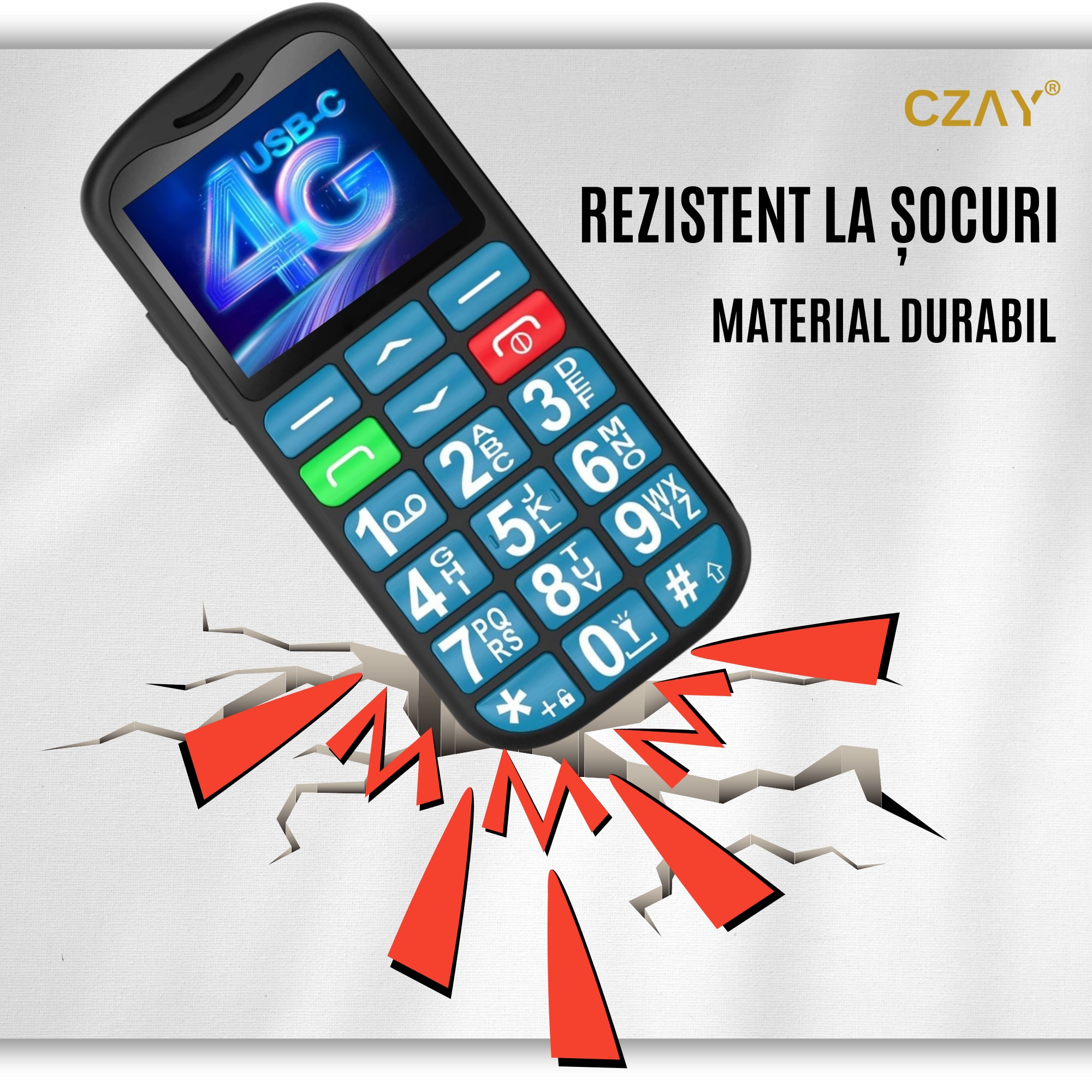 Telefon Mobil Seniori CZAY® cu Taste Mari si Buton SOS pentru Siguranta, Meniu Romana, Autonomie 7 Zile, Volum Puternic, One Sim, Ecran LCD Generos, Color, Usor de Folosit pentru Varstnici, Lanterna, Radio, Bluetooth, Rezistent, 4G